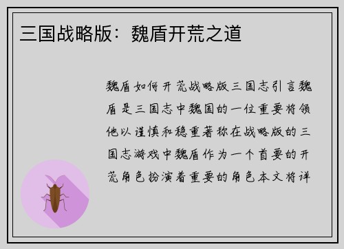 三国战略版：魏盾开荒之道